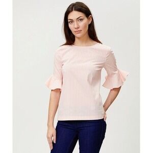 Calvin‎ Klein Women's 3/4 Ruffle Sleeve Blouse Top Peach/White Striped Sz M READ